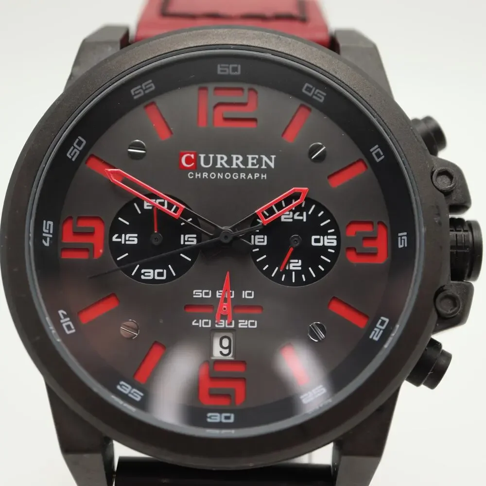Curren Black Red Jumbo 48mm Chronograph Watch Genuine Leather w New Battery